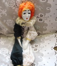 20''BONE CHINA LONG FACE,LIMBS PIERROT CLOWN DOLL, RED WIG,BOX